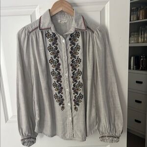 Max Studio Embroidered Gray Button up Cotton Blouse size Small